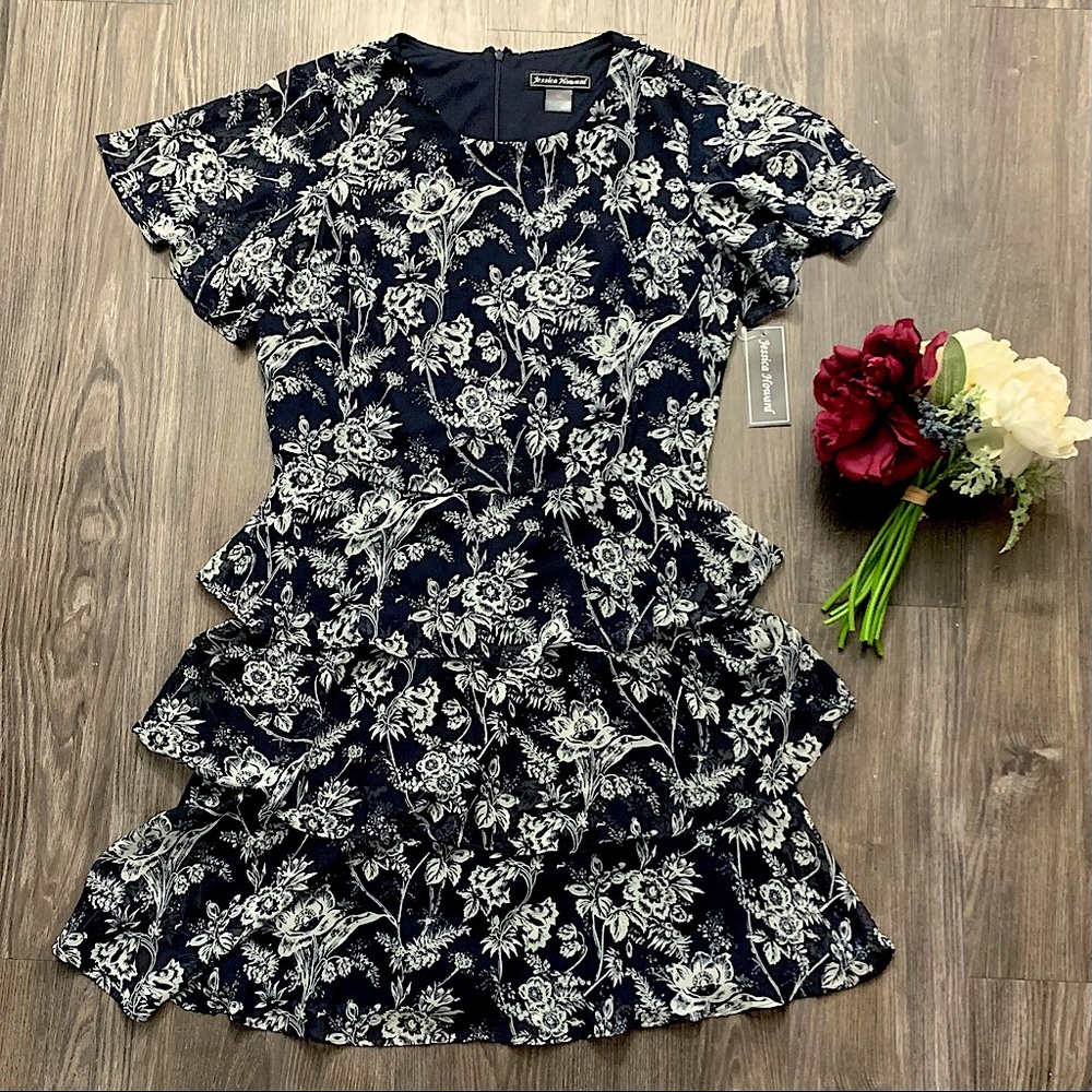 NWT Jessica Howard navy &white floral ruffle dress